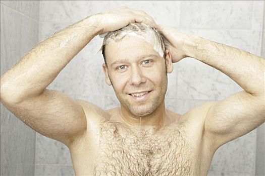 男人,淋浴,洗,毛发