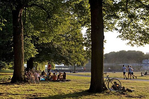 学生,公园,旁侧,湖,北莱茵威斯特伐利亚,德国,欧洲