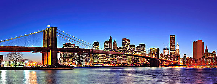 布鲁克林大桥,纽约,曼哈顿,市区,天际线,全景,黄昏,光亮,上方,东河,蓝色,蓝天