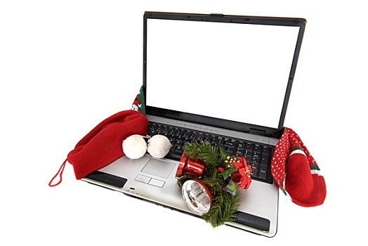 笔记本电脑,圣诞装饰,隔绝,白色背景