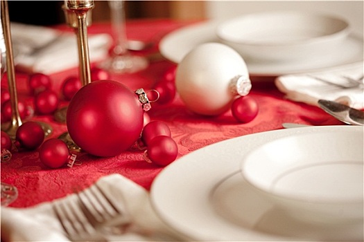 红色,白色,圣诞桌,浅,景深,聚焦,装饰