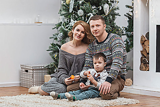 头像,父亲,母亲,坐,儿子,地毯,圣诞树,在家