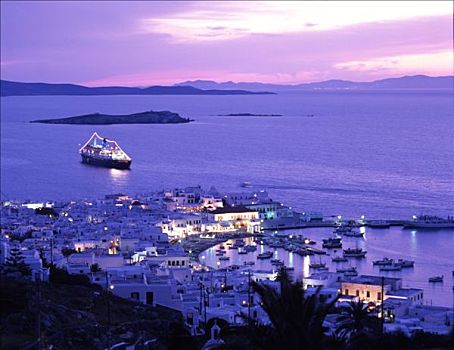 希腊,基克拉迪群岛,米克诺斯岛,黄昏,海边,乡村,巡航,班轮,背影