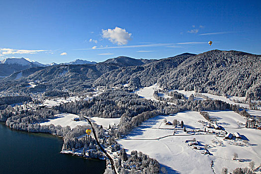 热气球,高处,泰根湖,山谷,巴伐利亚,德国,航拍