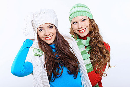 两个女孩,鲜明,温馨,冬服