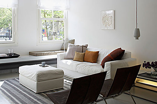 鲜明,客厅,长,长椅,仰视,窗户,舒适,沙发,黑色,椅子