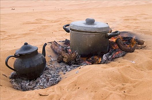 餐饭,茶,烹调,壁炉,沙子,利比亚