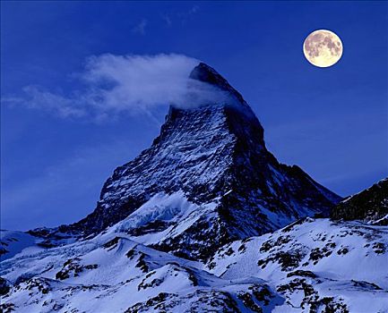 满月,上方,山,马塔角,沃利斯,阿尔卑斯山,策马特峰,瑞士,欧洲