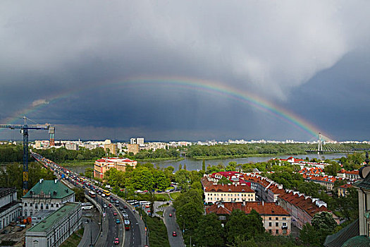 彩虹,上方,桥,老城,城市,华沙,波兰