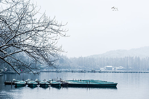 杭州西湖雪景码头小船