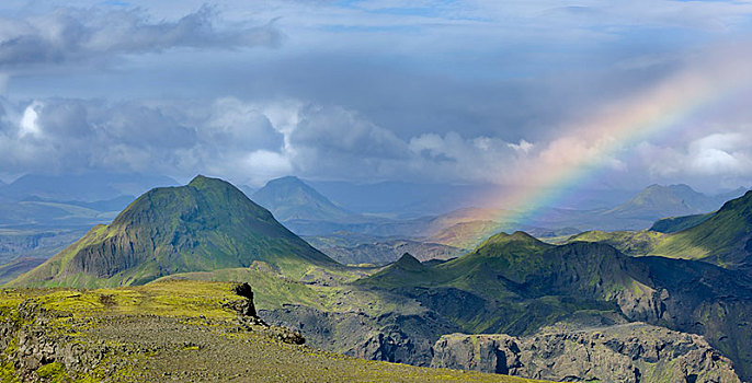 山,高原,彩虹,徒步旅行,冰岛,欧洲