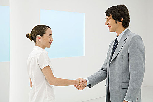 男性,女性,商务合作,握手,微笑,相互,侧面视角