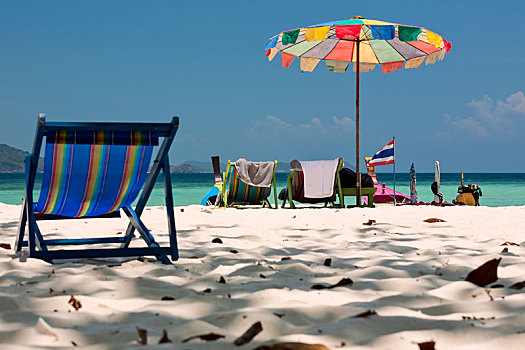 海滩伞,椅子,科莫多,海滩,珊瑚,岛屿,泰国