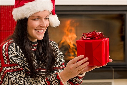圣诞礼物,女人,圣诞帽,家,壁炉