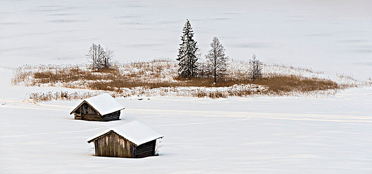 小屋,冰冻,湖,靠近,冬天
