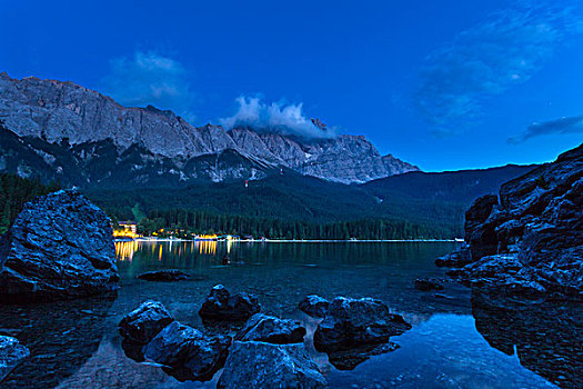 湖,楚格峰,夜晚,巴伐利亚,德国