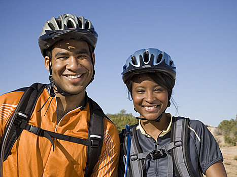 男人,女人,自行车,头盔,户外,微笑