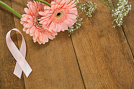 俯拍,粉色,乳腺癌,意识,带,大丁草,花,木桌子
