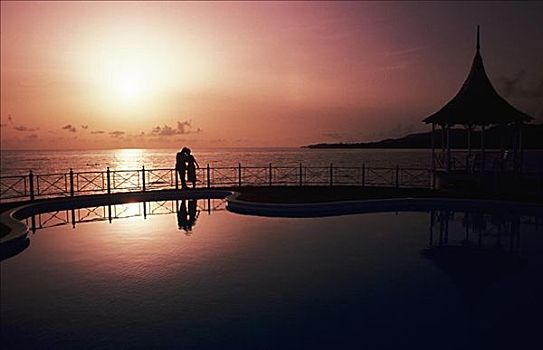 牙买加,伴侣,剪影,日落,远眺,海洋,胜地