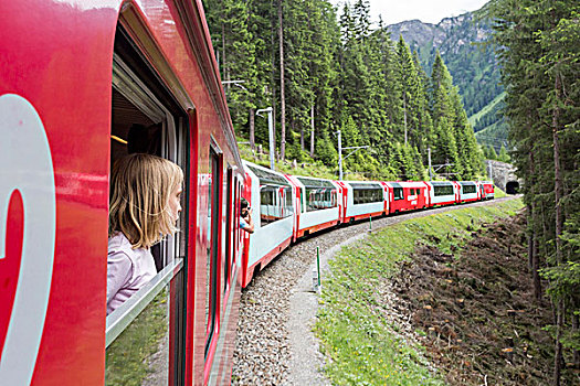 旅游,向外看,红色,列车,瑞士