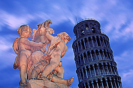 比萨斜塔,雕塑,前景,比萨,托斯卡纳,意大利