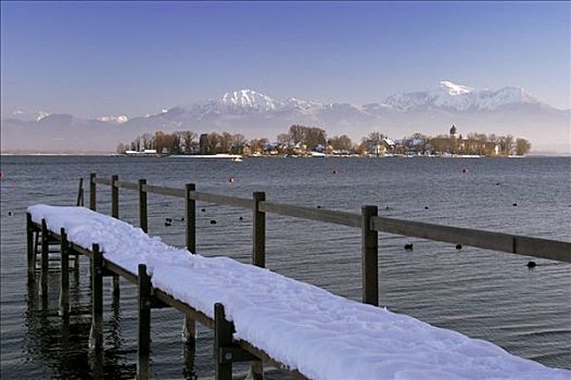 雪,栈桥,正面,女人岛,湖,基姆湖,巴伐利亚,德国