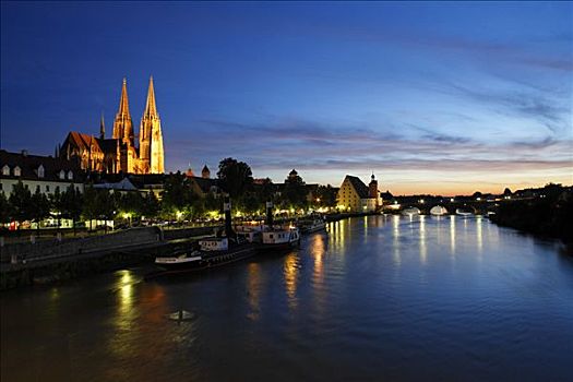大教堂,多瑙河,石桥,雷根斯堡,巴伐利亚,德国