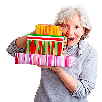 高兴,老太太,拿着,许多,彩色,礼物