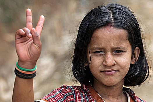 尼泊尔人,女孩,制作,胜利标志,平和,象征,头像,尼泊尔,亚洲