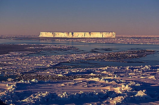 南极,威德尔海,浮冰,扁平,冰山,晚间,阳光