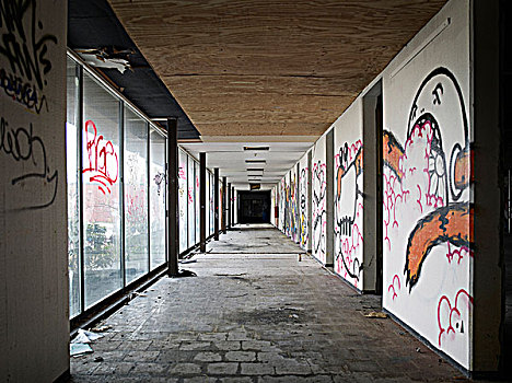 走廊,废弃,建筑,涂鸦,墙壁,窗户