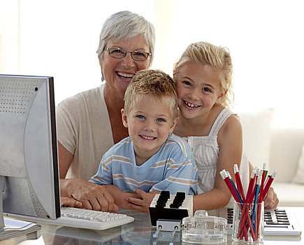 高兴,孩子,电脑,祖母