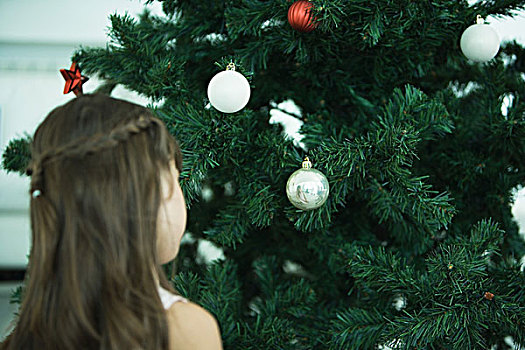 女孩,看,圣诞树