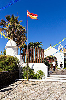 西班牙国旗,瞭望塔,刷白,圣太摩,波多黎各,特内里费岛,加纳利群岛