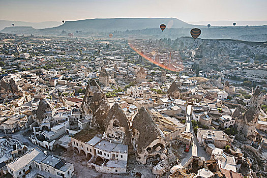 俯视图,热气球,上方,岩石构造,住所,卡帕多西亚,安纳托利亚,土耳其