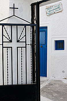 希腊,锡拉岛,黑色,铁,教堂,大门,白墙