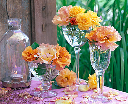 花,玫瑰,黄色,橙色,玻璃,桌子