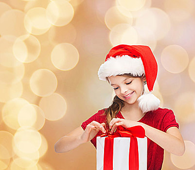 休假,礼物,圣诞节,孩子,人,概念,微笑,女孩,圣诞老人,帽子,礼盒,上方,米色,背景