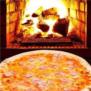 比萨饼,意大利熏火腿,明火,炉子