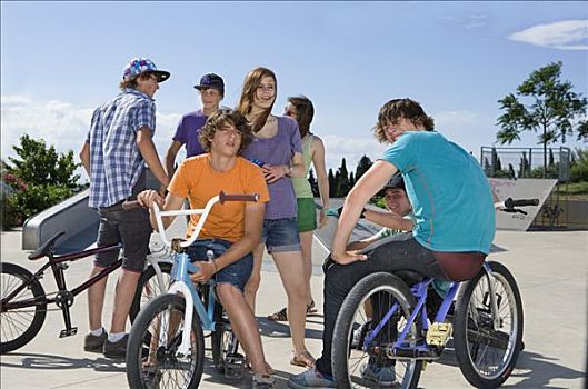 青少年,群体,自行车,交谈