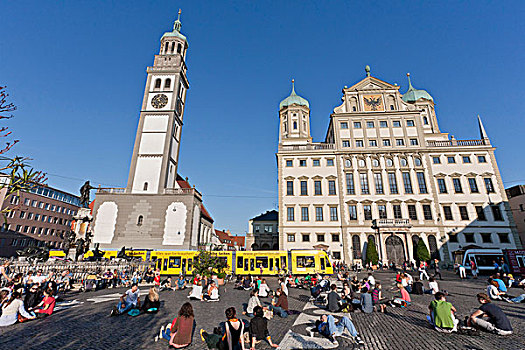 人,市政厅广场,塔,市政厅,奥格斯堡,巴伐利亚,德国,欧洲