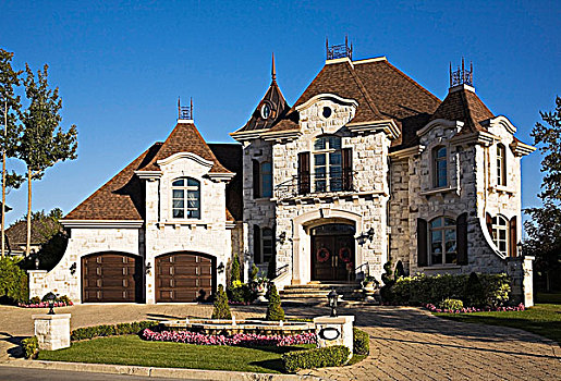 豪华,住宅,家,两个,车库,风景,前院,铺路石,私家车道,魁北克,加拿大,图像,地产