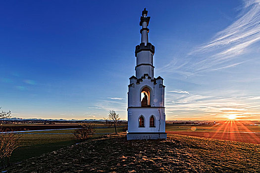 日落,德国,巴伐利亚,小教堂