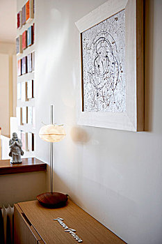 白色,抽象,绘画,高处,木质,餐具柜,台灯,现代生活,房间