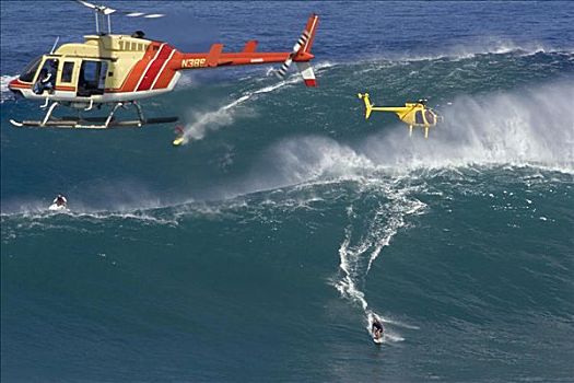 夏威夷,毛伊岛,两个,直升飞机,拍摄,冲浪,颚部,野外,碰撞