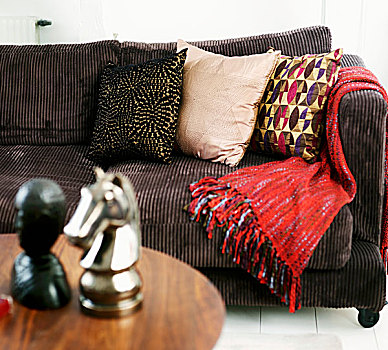 褐色,灯芯绒,沙发,枕头,红色,投掷