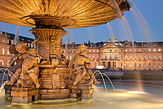 喷泉,新宫,夜晚,斯图加特,巴登符腾堡,德国,欧洲