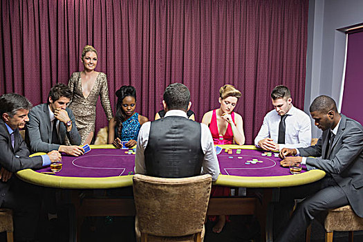 人,坐,赌场,桌子,女人,站立,微笑