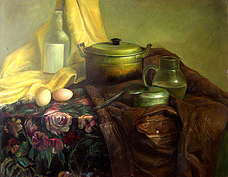 油画,皮衣,锅,鸡蛋,勺子,瓶子