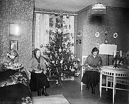 两个女人,平安夜,圣诞树,正面,窗户,瑞典,早,20世纪,艺术家,未知